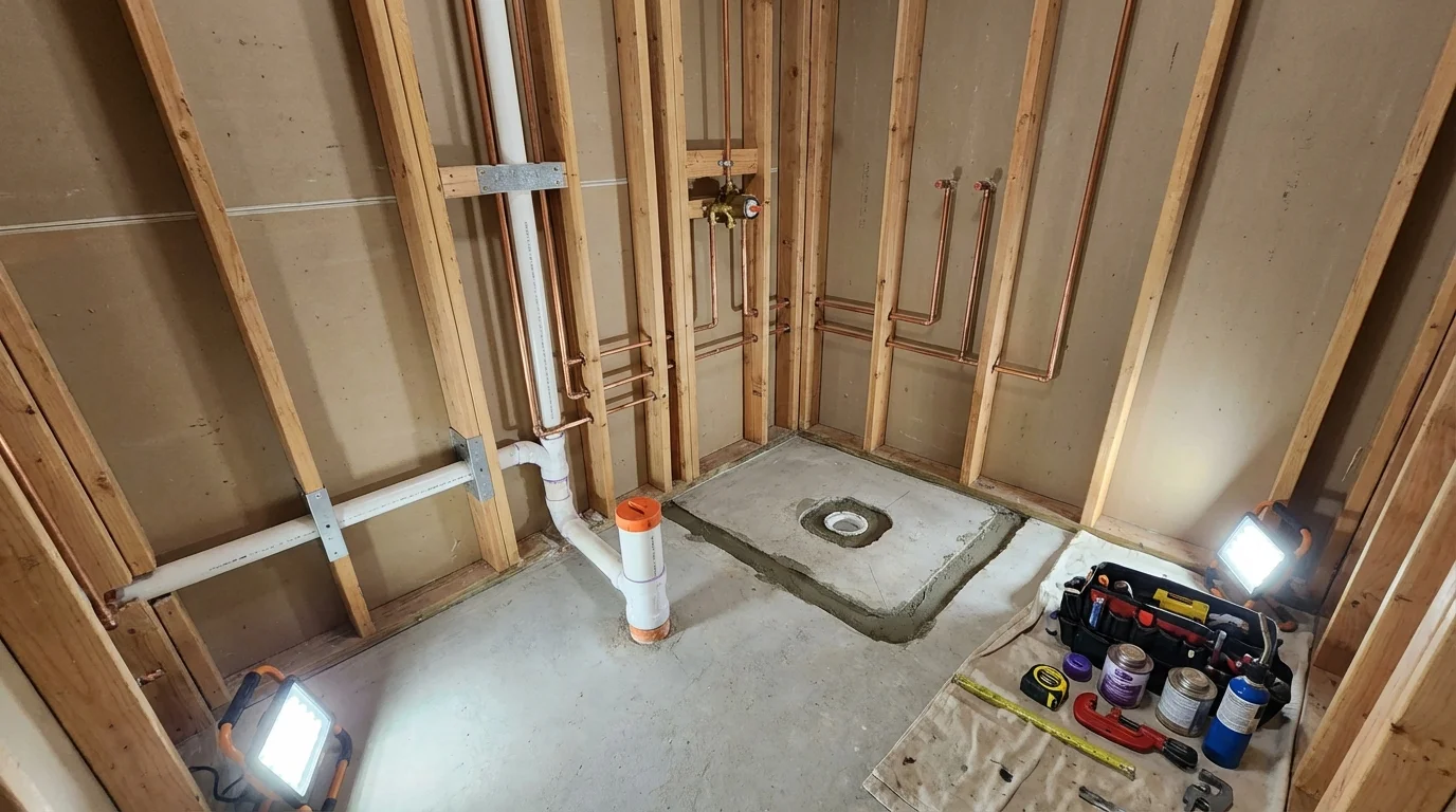 Bathroom rough-in plumbing during remodel by Johns Plumbing LLC in Fort Loramie