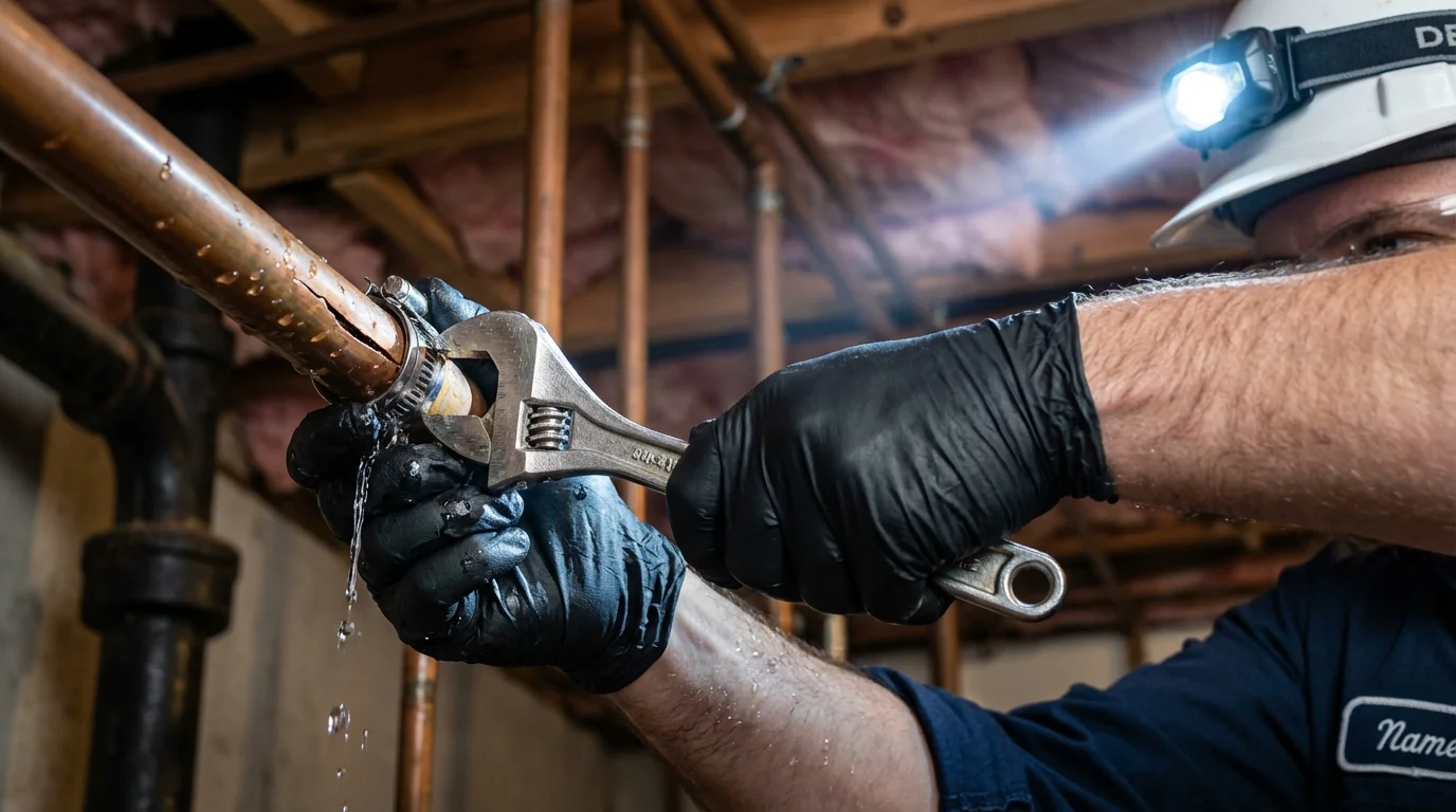 Emergency pipe clamp repair being performed by a Johns Plumbing LLC plumber in Fort Loramie