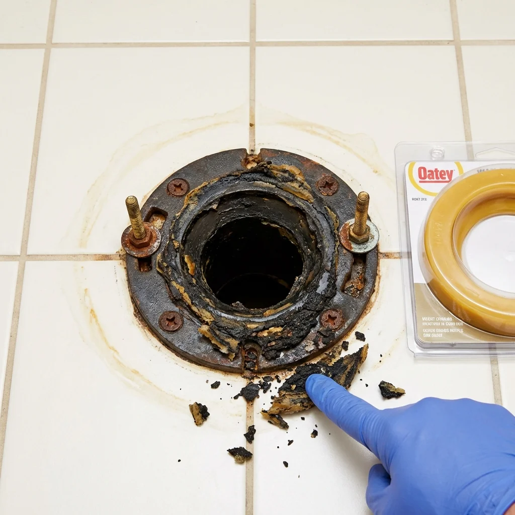 Failed wax ring showing water seepage at the base of a toilet in a Fort Loramie, OH home