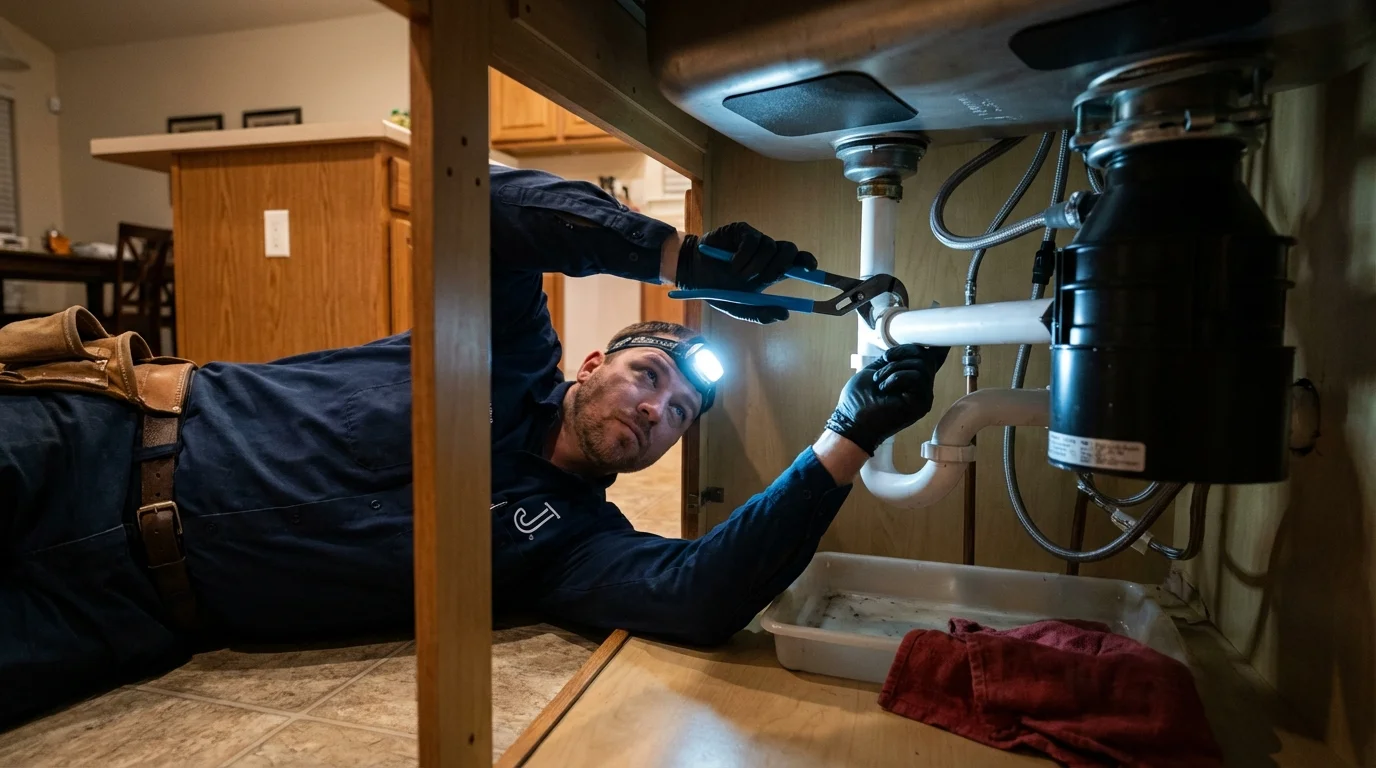 P-trap and supply line connections under a kitchen sink showing a common leak point in Fort Loramie, OH